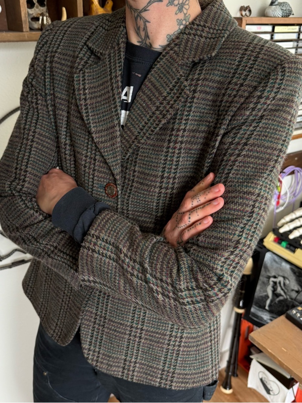 Vintage 90s 2000s Houndstooth Plaid Wool Blend Blazer ~ Size Small - Picture 4 of 9